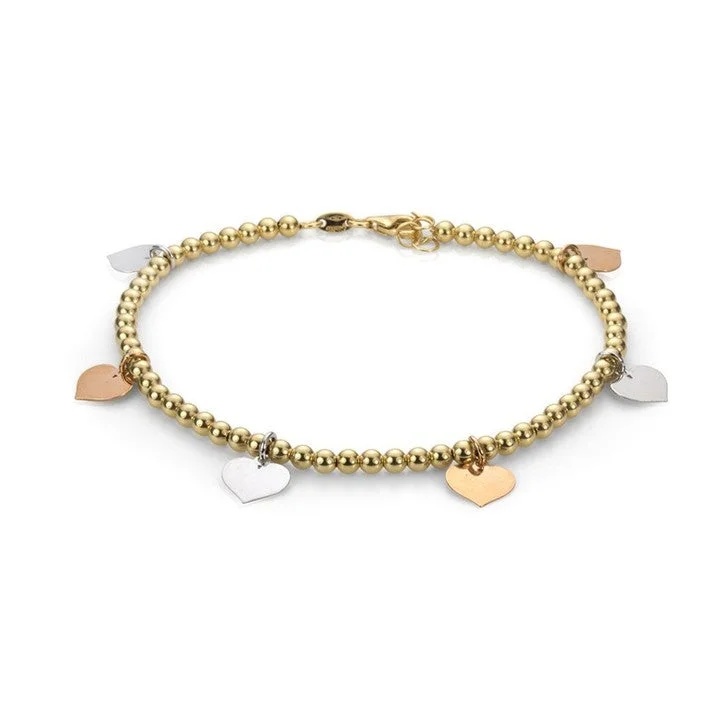 adjustable bracelet for women-18K Yellow Gold Ball Bracelet with Multi Coloured Heart Charms