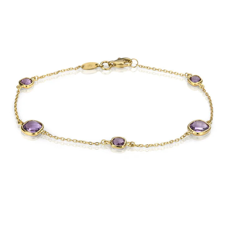 birthstone bracelet gift-18K Yellow Gold Rolo Link Amethyst Bracelet