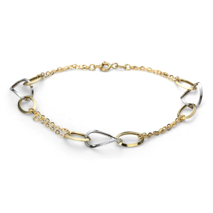 sterling silver bracelet for teens-18K Yellow Gold Rolo Link Bracelet with Two Tone Curved Hoops