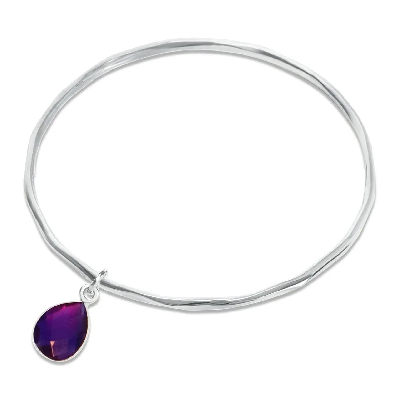 tennis bracelet with diamonds-Silver Amethyst Charm Bangle - February Birthstone