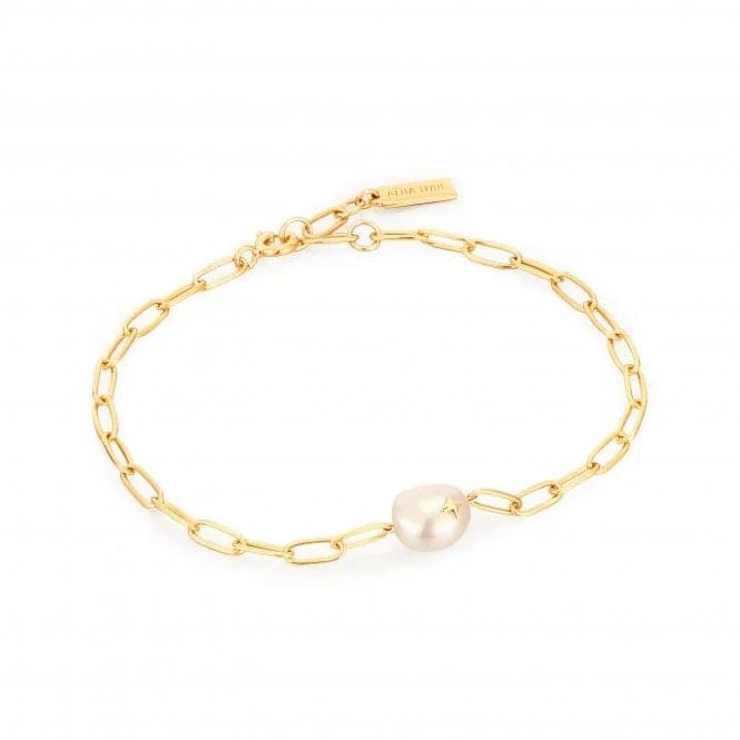 pearl bracelet for bride-Gold Pearl Sparkle Chunky Chain Bracelet B043-03G