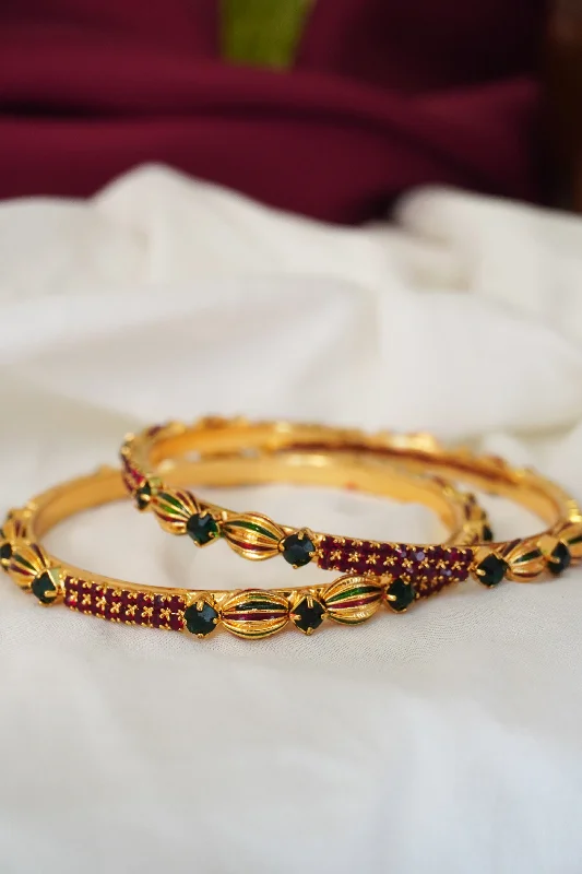 personalized silver bracelet-Ruby and Green Stone Gold Plated Bangles