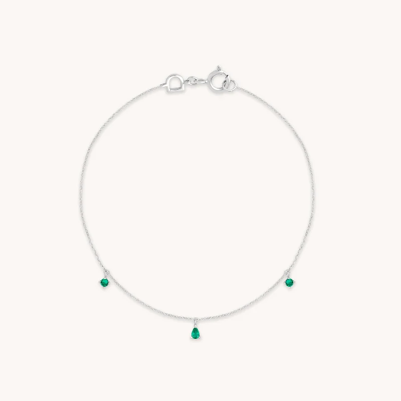 gold chain bracelet for women-Emerald Charm Bracelet in Solid White Gold