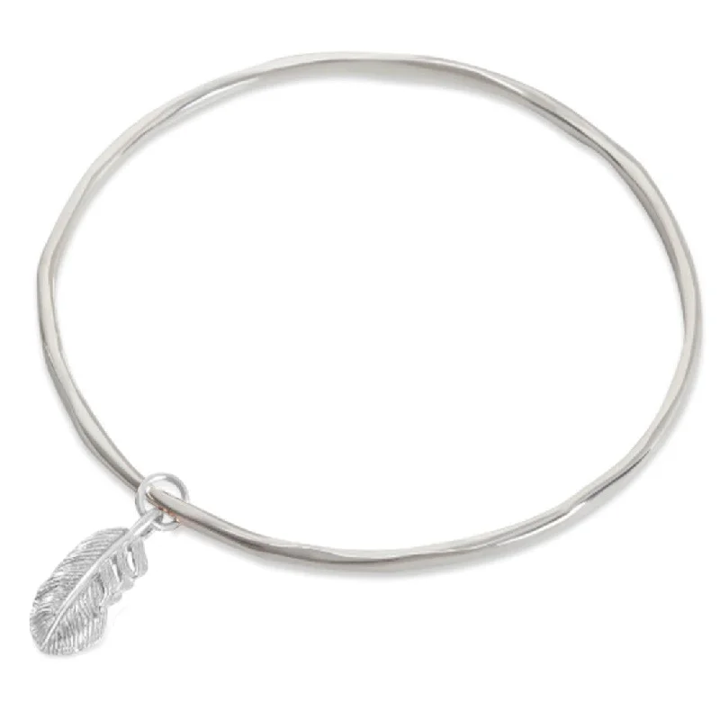 gemstone bracelet with love heart-Feather Bangle | Silver - Silver Feather