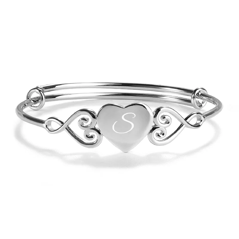 stackable bracelets for women-Heart Bangle (Adjustable) - Sterling Silver Solid Heart Bracelet for Kids