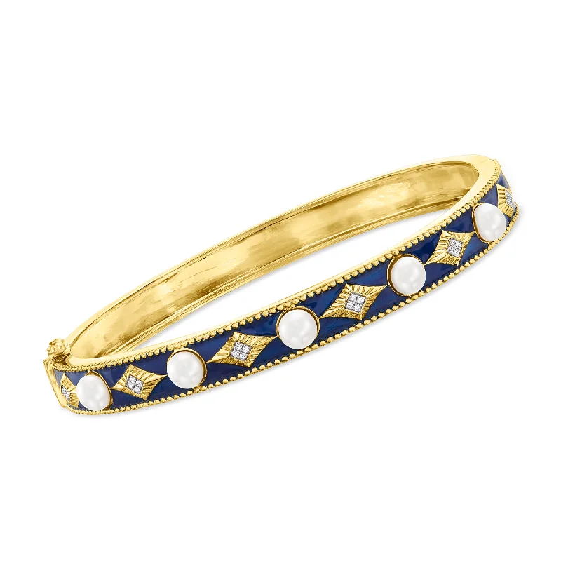 minimalist bracelet for women-Ross-Simons 4.5-5mm Cultured Pearl Bangle Bracelet With Diamond Accents and Blue Enamel in 18kt Gold Over Sterling