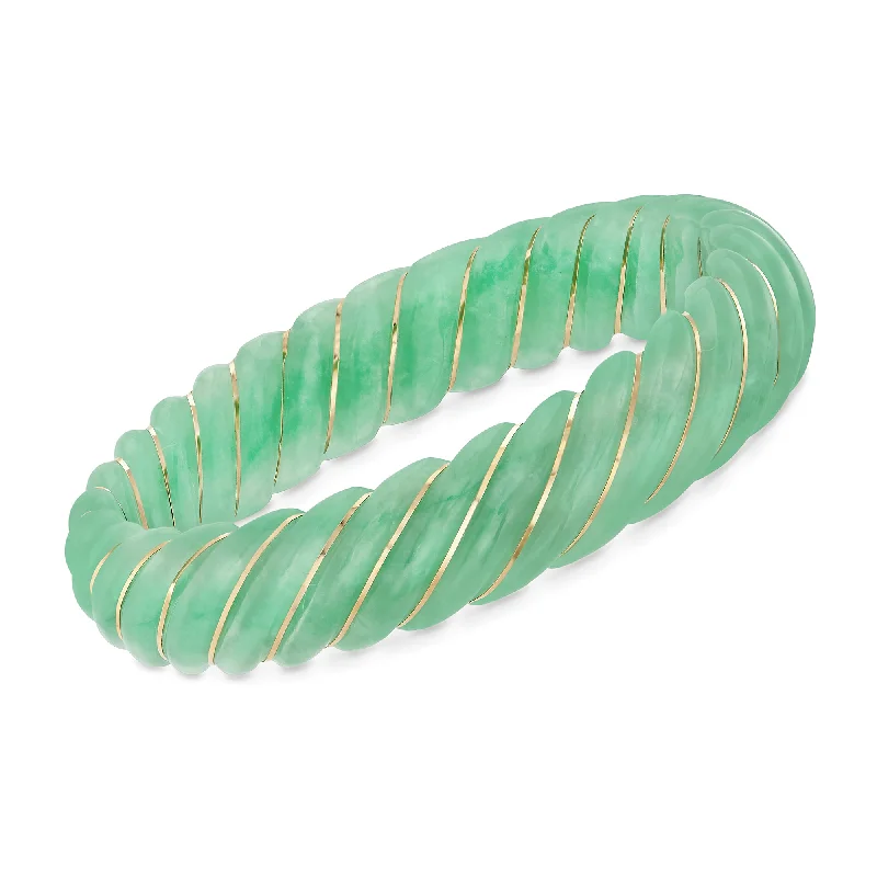 men’s braided bracelet-Ross-Simons Carved Green Jade Bangle Bracelet With 14kt Yellow Gold