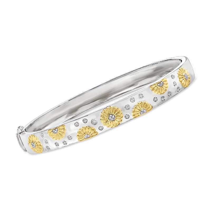 silver bracelet with turquoise-Ross-Simons Diamond-Accented Sunflower Bangle Bracelet in 2-Tone Sterling Silver