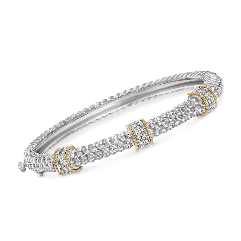 stackable silver bracelets-Ross-Simons Diamond Station Bangle Bracelet in Sterling Silver and 14kt Yellow Gold