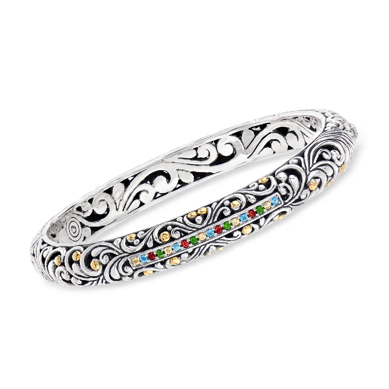 best friend bracelet set-Ross-Simons Multi-Gemstone Bali-Style Bangle Bracelet in Sterling Silver With 18kt Gold