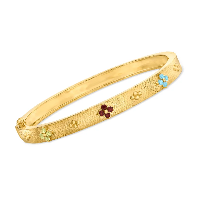 men’s woven bracelet-Ross-Simons Multi-Gemstone Floral Bangle Bracelet in 18kt Gold Over Sterling