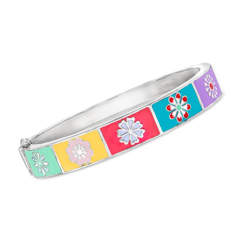 stackable beaded bracelets-Ross-Simons Multicolored Enamel Floral Patchwork Bangle Bracelet in Sterling Silver