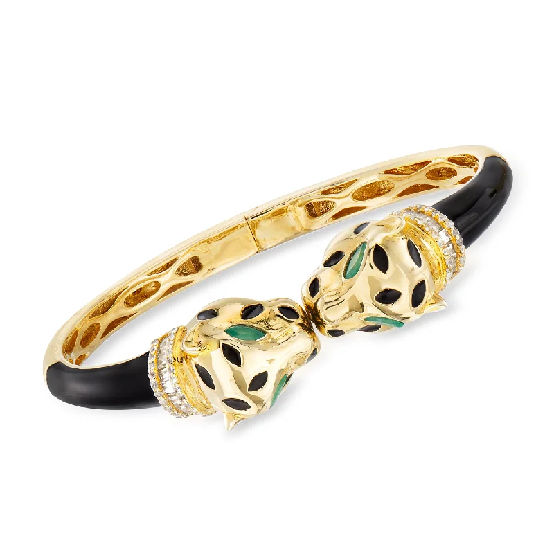 gemstone charm bracelet-Ross-Simons White Zircon and . Green Chrome Diopside Panther Bangle Bracelet in 18kt Gold Over Sterling With Black Enamel