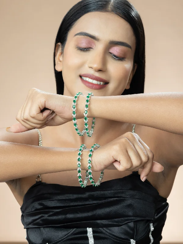 minimalist silver bracelet-Silver-Plated Bangles Set with Rhodium Finish and Green White Zircon Stones