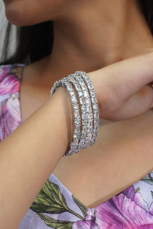 sterling silver cuff bracelet-Silver Rhodium Plated American Diamond Bangle (Set of 4)