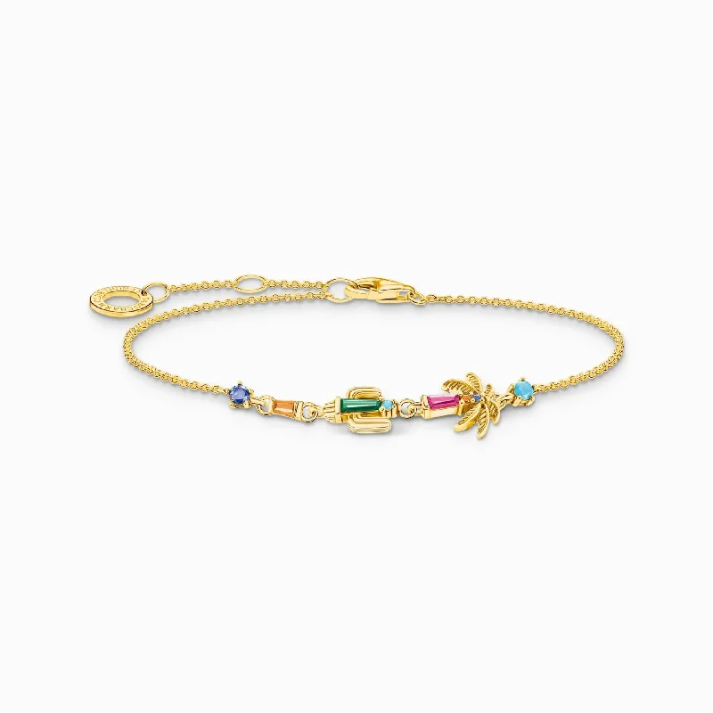 minimalist silver bracelet-Charming Sterling Silver Gold Plated Colourful Stones Palm Tree & Cactus Bracelet A2150-488-7