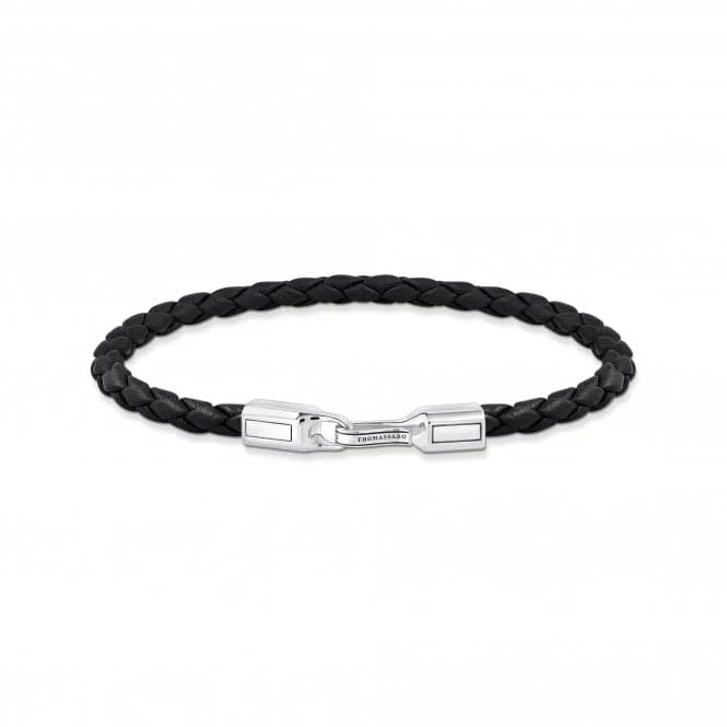 bracelet for girls with charms-Sterling Silver Braided Black Leather Bracelet A2147-682-11