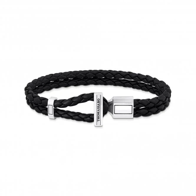 custom name bracelet-Sterling Silver Double Braided Black Leather Bracelet A2148-682-11