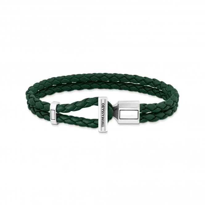 lucky bracelet for men-Sterling Silver Double Braided Green Leather Bracelet A2148-682-6