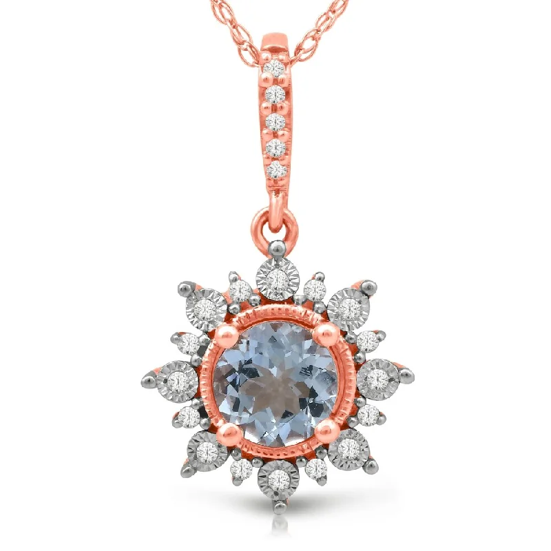 sterling silver birthstone necklace -1/10ct TDW Diamond Aquamarine Gemstone Halo Necklace in 10k Rose Gold