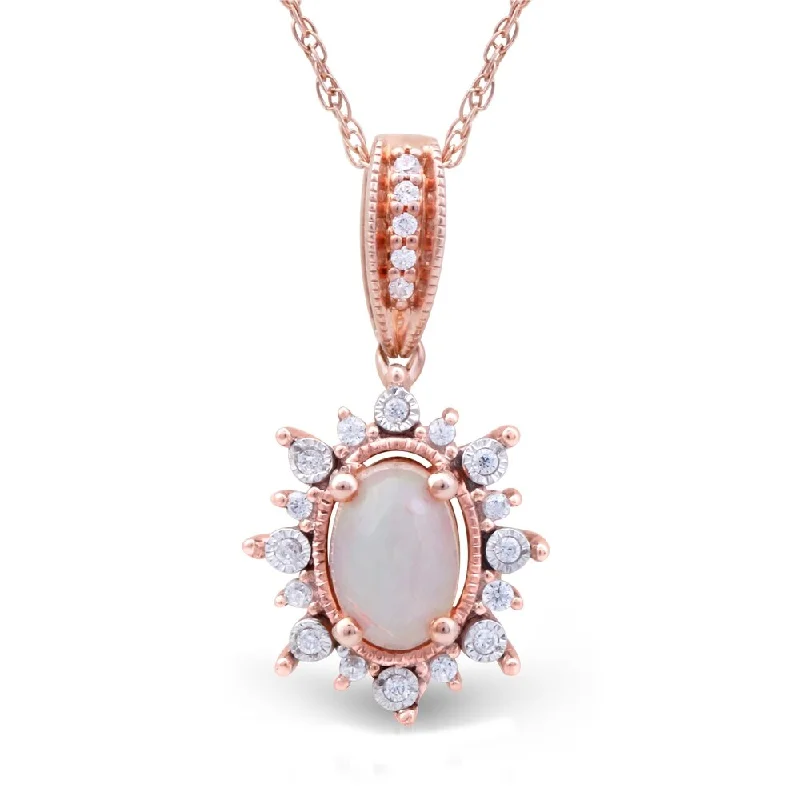 creative pendant necklace -1/10ct TDW Diamond Ethiopian Opal Gemstone Halo Necklace in 10k Rose Gold