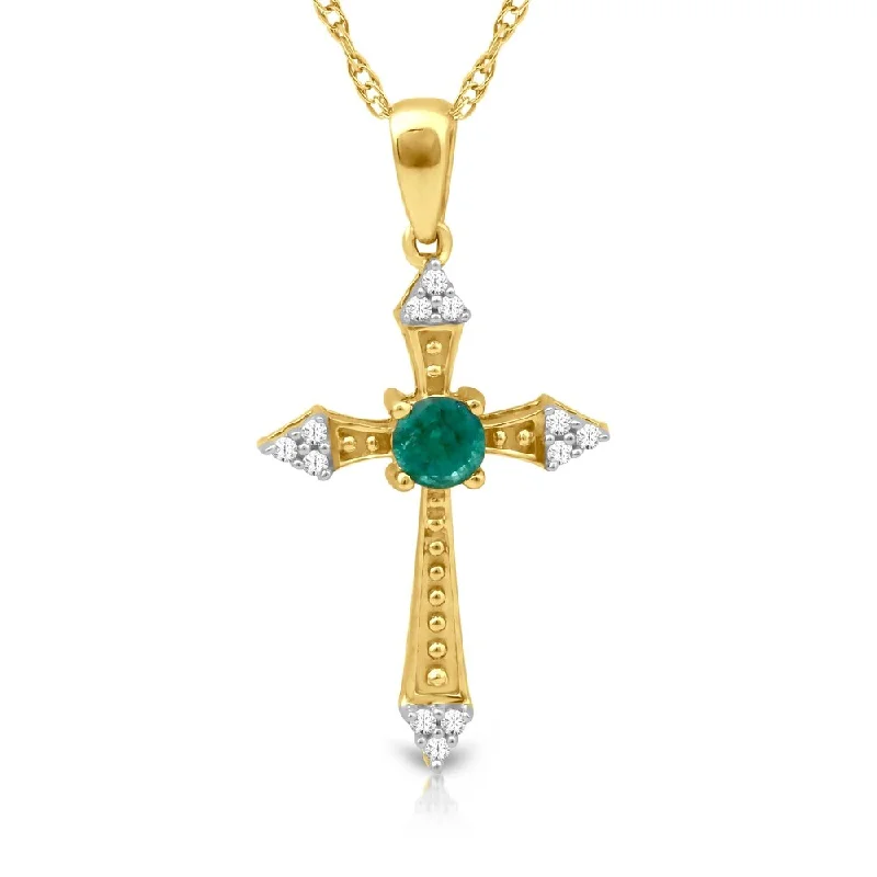 beaded necklace for women -1/20ct TDW Diamond Emerald Gemstone Cross Necklace in 10k Yellow Gold