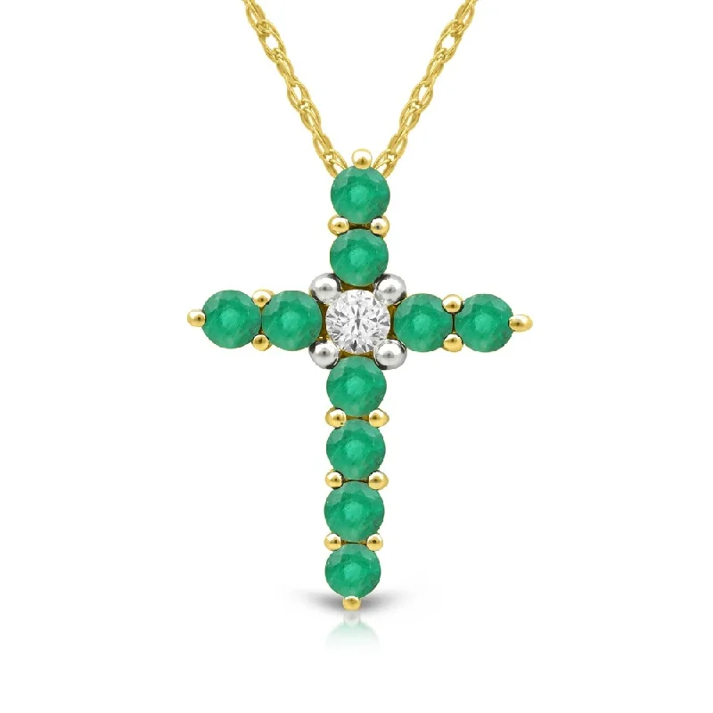 elegant choker necklace -1/20ct TDW Diamond Emerald Gemstone Cross Necklace in 10k Yellow Gold