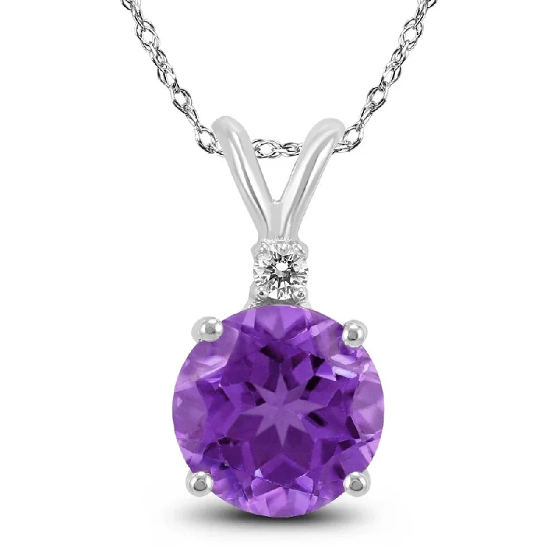 spiritual necklace -14K White Gold 5MM Round Amethyst and Diamond Pendant