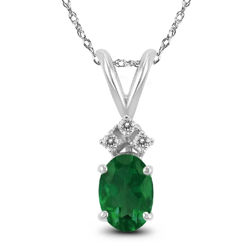 zodiac sign necklace -14K White Gold 6x4MM Oval Emerald and Diamond Pendant