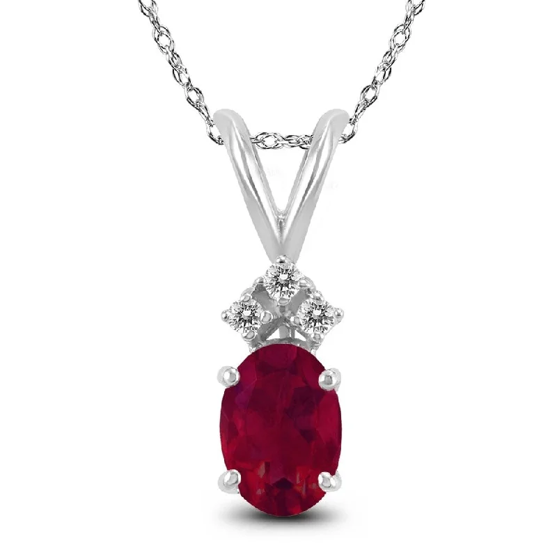 oval pendant necklace -14K White Gold 6x4MM Oval Ruby and Diamond Pendant