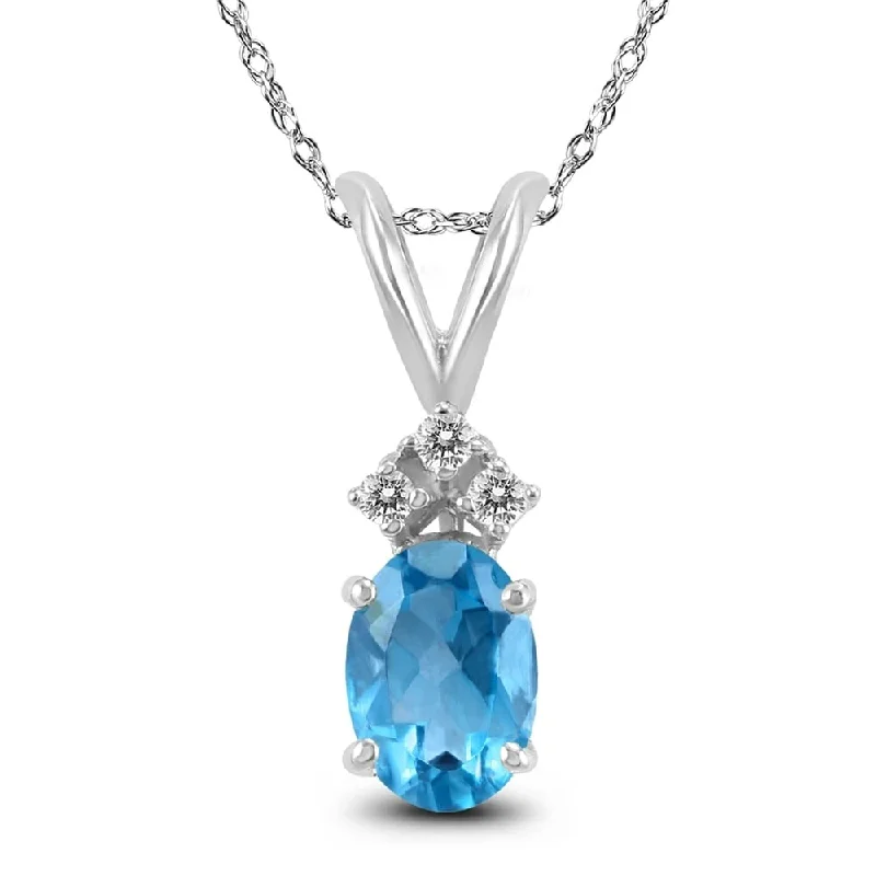 birthstone necklace for mom -14K White Gold 8x6MM Oval Blue Topaz and Diamond Pendant