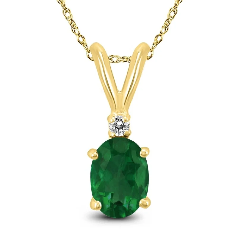 moon and stars necklace -14K Yellow Gold 5x3MM Oval Emerald and Diamond Pendant