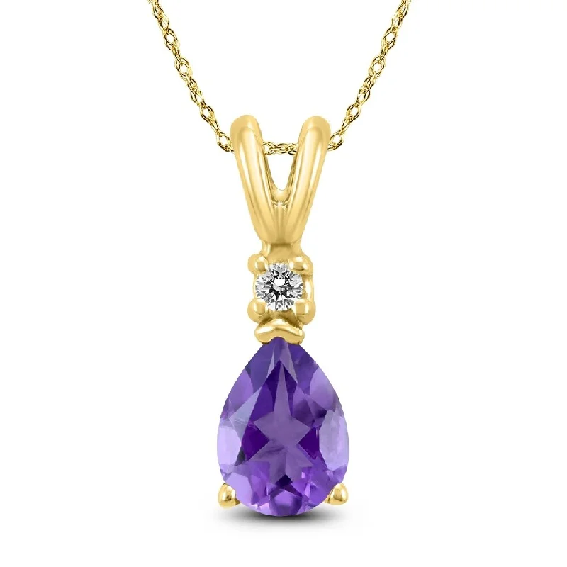 engraved name necklace -14K Yellow Gold 6x4MM Pear Amethyst and Diamond Pendant