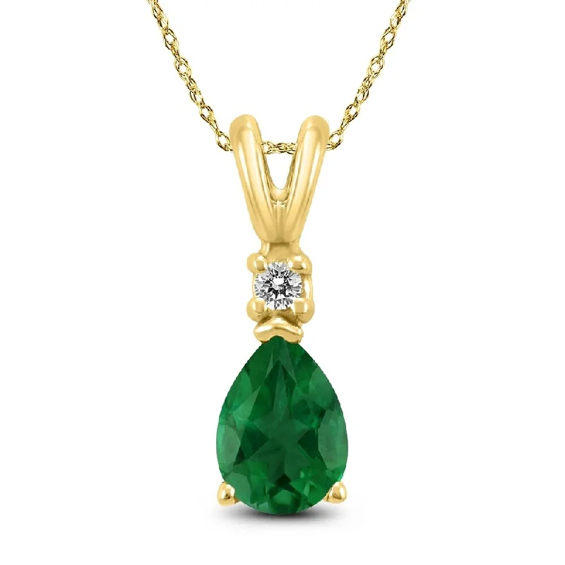 pearl heart necklace -14K Yellow Gold 6x4MM Pear Emerald and Diamond Pendant