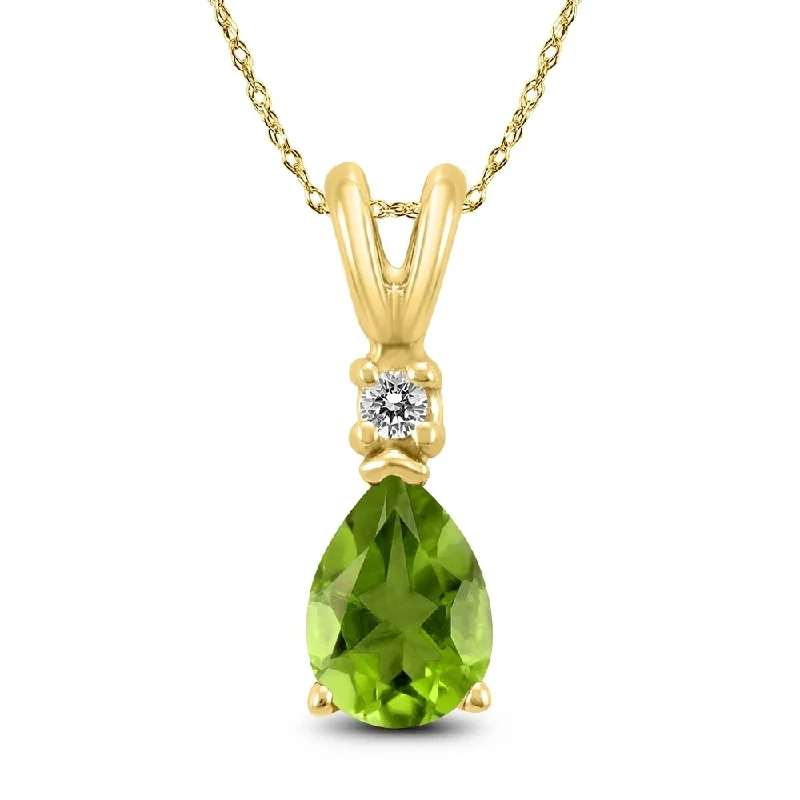 shell necklace for beach -14K Yellow Gold 6x4MM Pear Peridot and Diamond Pendant