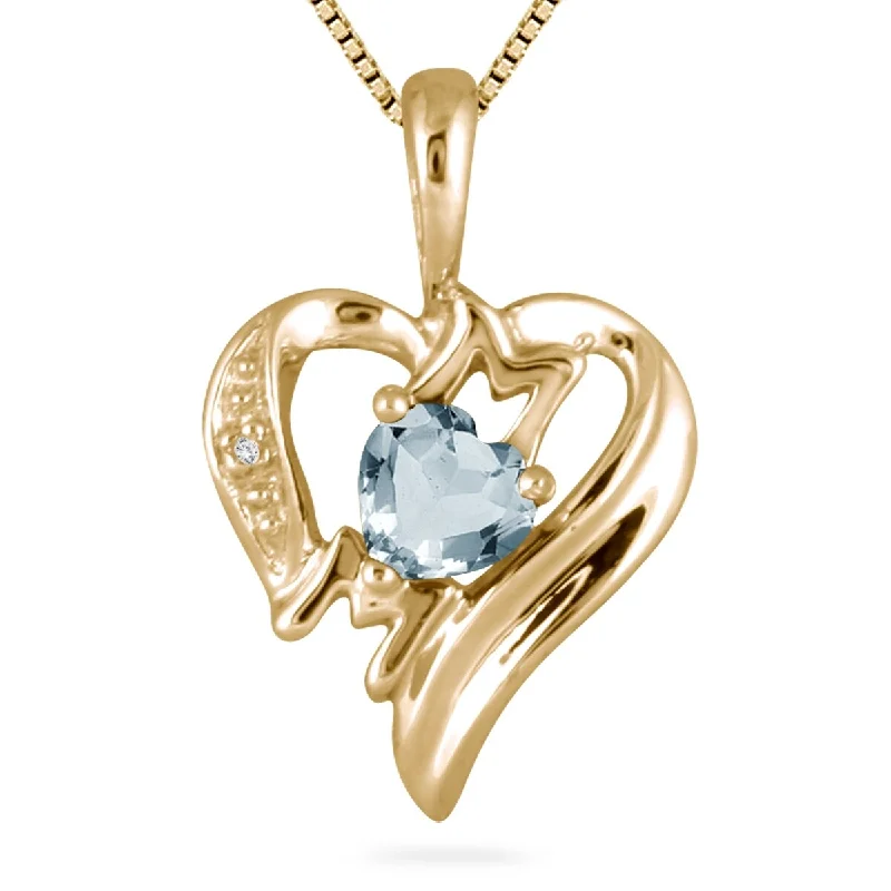 creative pendant necklace -Aquamarine and Diamond Heart MOM Pendant in 10K Yellow Gold