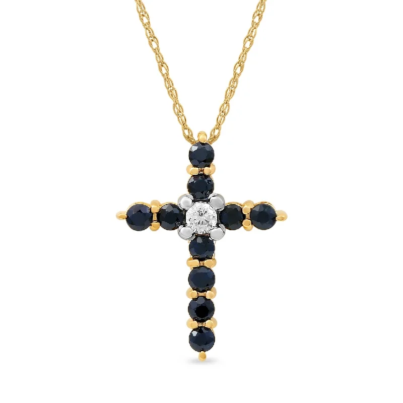 charm pendant necklace -Blue Sapphire Gemstone 1/20ct TDW Diamond Cross Pendant Necklace in 10k Yellow Gold