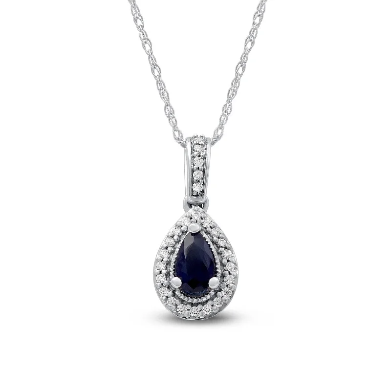 opal necklace for women -Blue Sapphire Gemstone 1/20ct TDW Diamond Halo Pendant Necklace in 10k White Gold