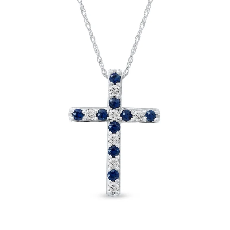 infinity chain necklace -Blue Sapphire Gemstone 1/5ct TDW Diamond Cross Pendant Necklace in 10k White Gold