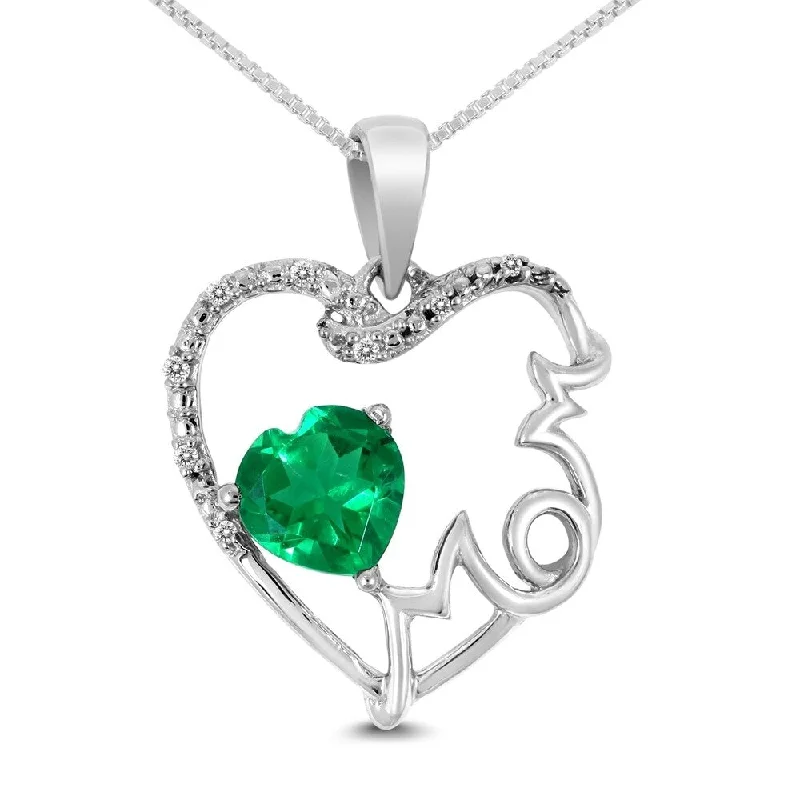 gold bar necklace personalized -Diamond and Lab-Created Emerald Heart Mom Pendant in .925 Sterling Silver