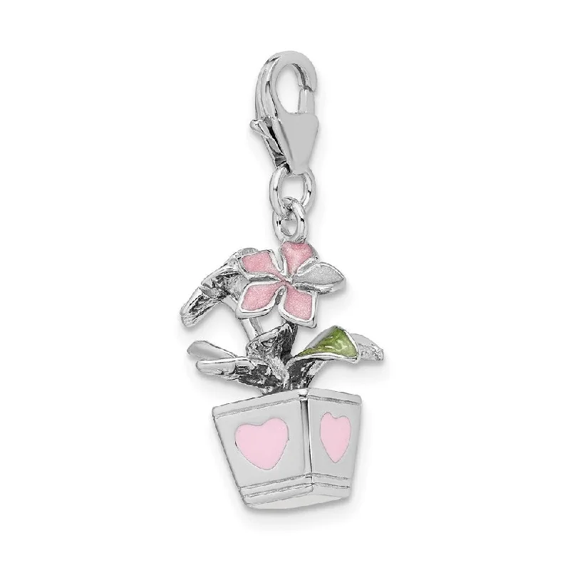 charm pendant necklace -Diamond2Deal 925 Sterling Silver 3-D Enameled Potted Flowers Lobster Clasp Pendant (L- 39 mm, W- 13 mm)