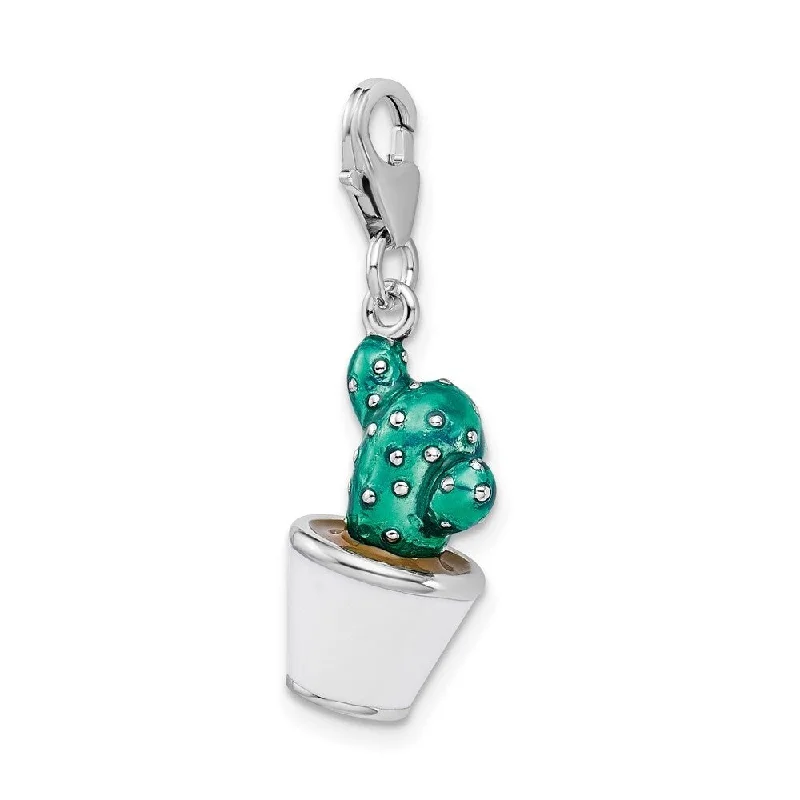 handmade jewelry necklace -Diamond2Deal 925 Sterling Silver 3-D Enameled Potted Green Cactus Lobster Clasp Pendant (L- 39 mm, W- 12 mm)