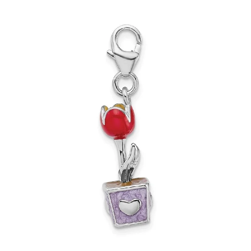 black stone necklace -Diamond2Deal 925 Sterling Silver 3-D Red Enamel Potted Tulip Flower Lobster Clasp Pendant (L- 40 mm, W- 8 mm)