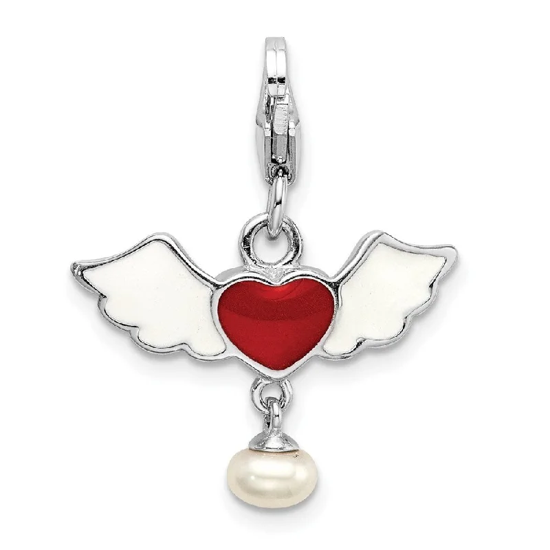 delicate gold necklace -Diamond2Deal 925 Sterling Silver 3-D Winged Red Heart Freshwater Cultured Pearl Lobster Pendant (L- 34 mm, W- 21 mm)