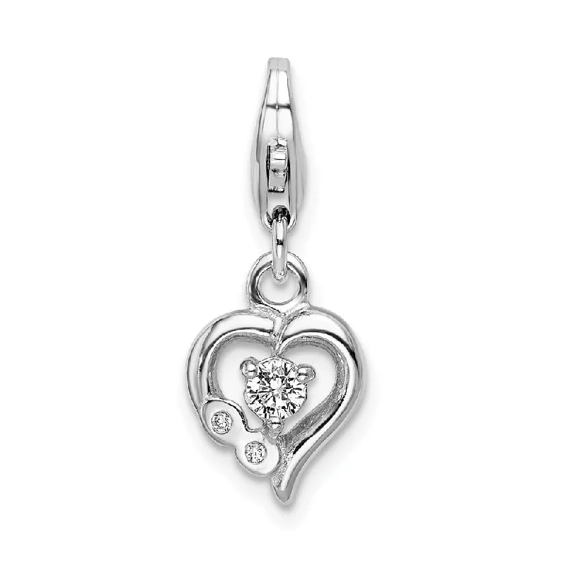 vintage chain necklace -Diamond2Deal 925 Sterling Silver Click-on CZ Polished Heart Pendant (L- 31 mm, W- 9 mm)