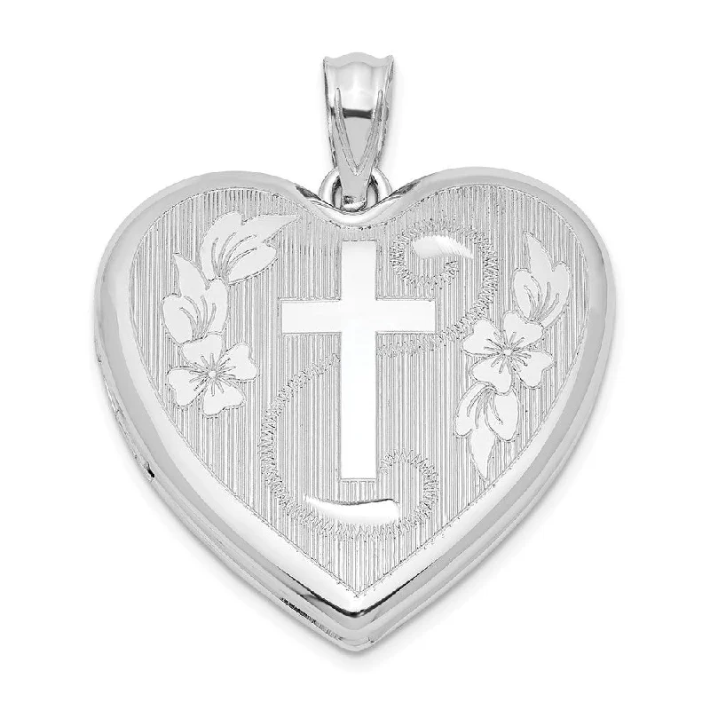 diamond pendant necklace -Diamond2Deal 925 Sterling Silver Rhodium-plated 24mm Diamond-cut Cross Heart Locket