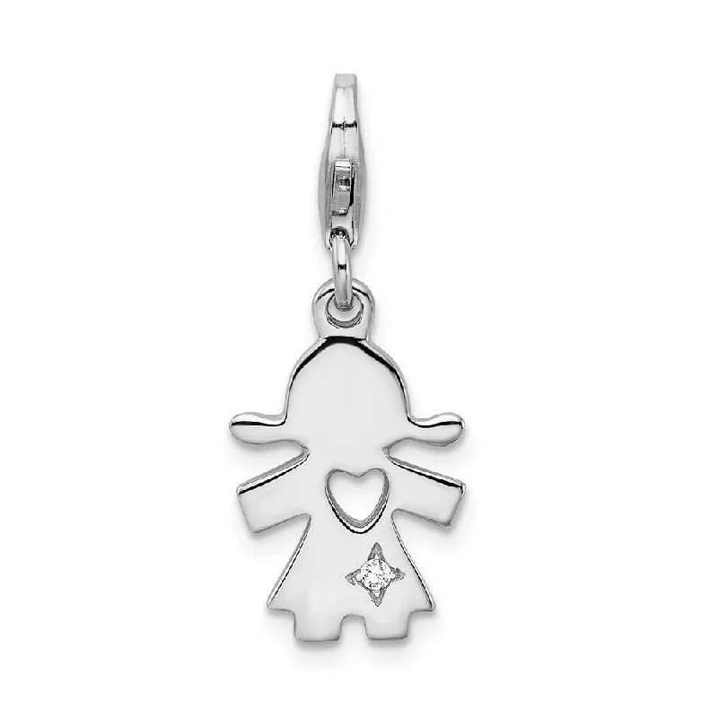 wedding necklace for bride -Diamond2Deal 925 Sterling Silver Rhodium-plated Polished CZ Little Girl with Cut-out Heart Charm with Fancy Lobster Clasp