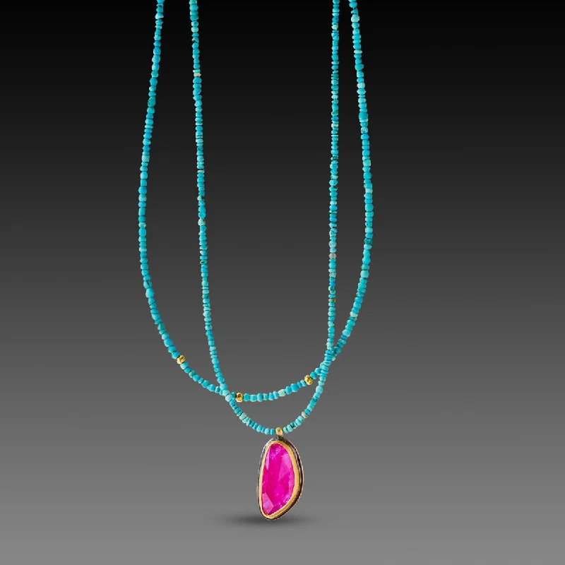 bar pendant necklace -Double Strand Turquoise Necklace with Ruby