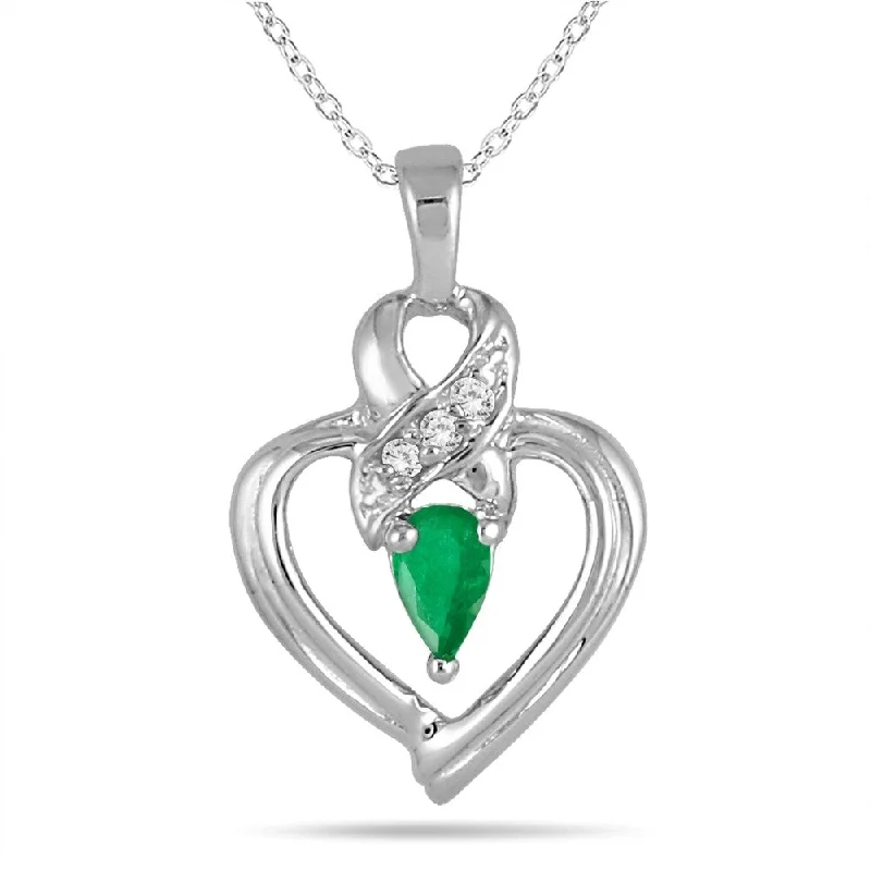 sterling silver heart necklace -Emerald and Diamond Heart Pendant in 10K White Gold