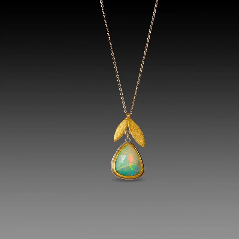 men’s chain necklace -Ethiopian Opal with 22k Double Leaf Necklace